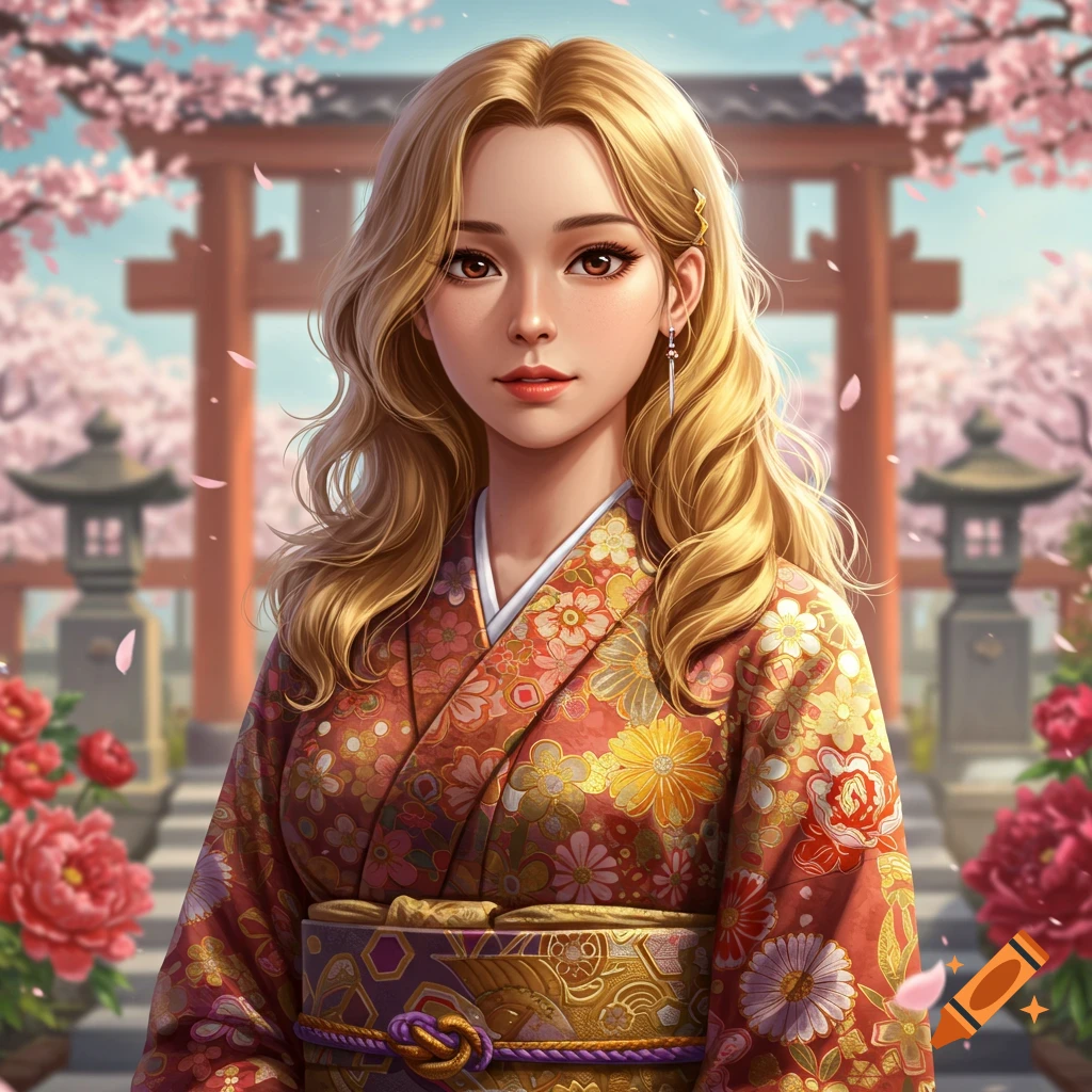 A blonde woman in a red floral kimono stands before a torii gate and cherry blossoms in a vibrant anime style.