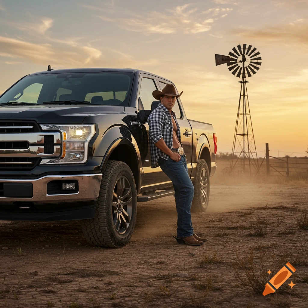 A rugged cowboy in a plaid shirt and hat leans against a black Ford F-150 truck at sunset, with a windmill in the background.