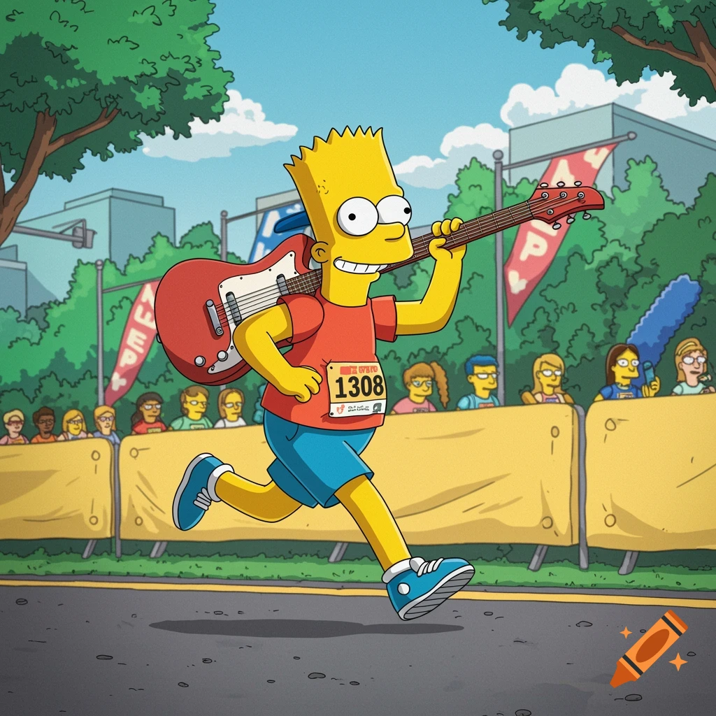 Bart Simpson runs a marathon with a red electric guitar on his shoulder, spectators and trees in the background, in classic cartoon style.