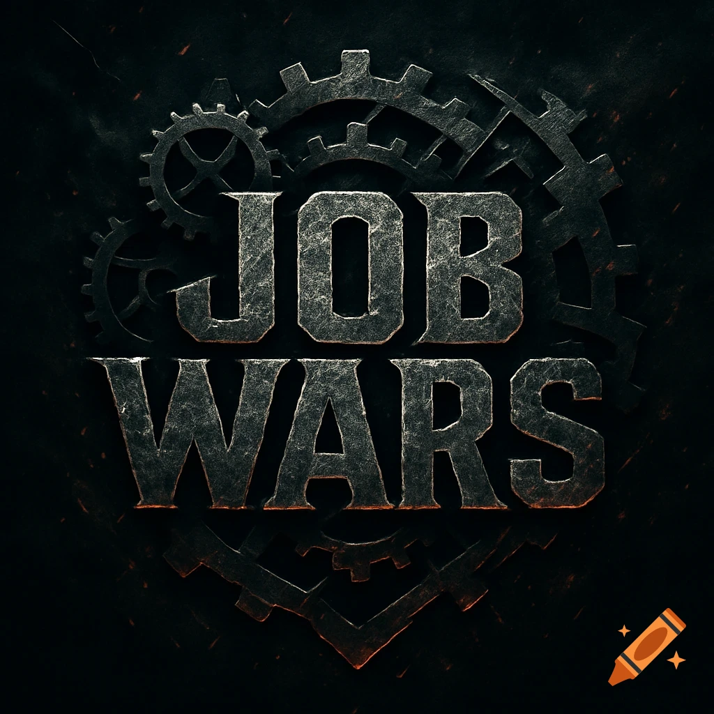 Grungy metallic 'JOB WARS' logo with dark gears on a black background and subtle orange glow.
