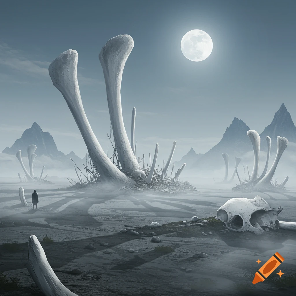Desolate, monochromatic landscape with colossal bones, a skull, distant mountains, a full moon, and a lone figure.