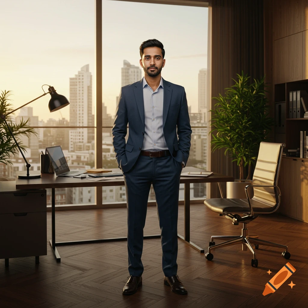 A professionally dressed man in a suit stands in a modern office with a city skyline visible through a large window.