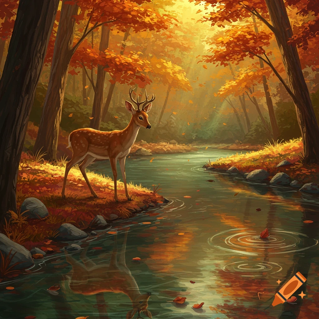 An illustrated deer stands beside a reflective river in a vibrant autumn forest bathed in warm light.