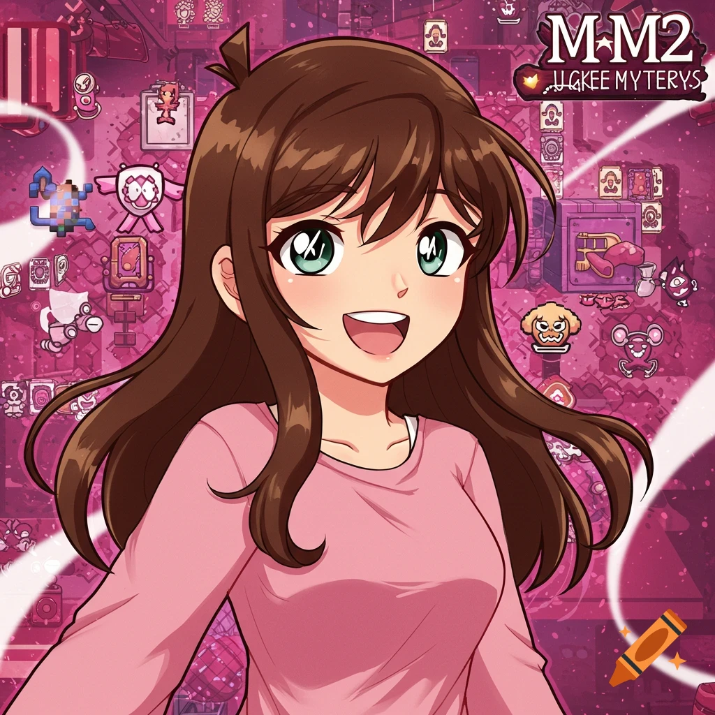 Smiling anime girl with brown hair and a pink shirt, against a pink background with game-like icons and a logo 'M-M2 UGKEE MYSTERYS'.