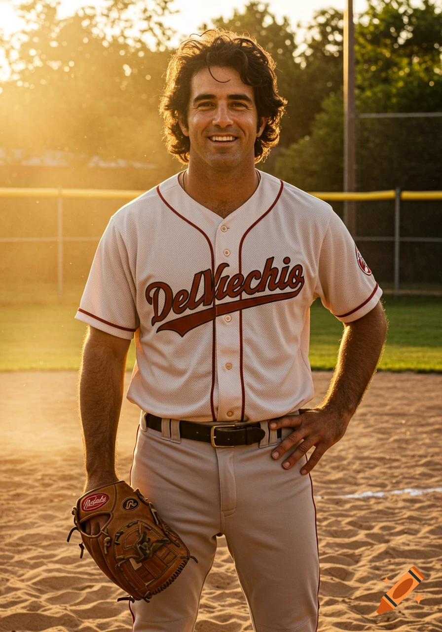 A smiling man in a cream baseball uniform with 'DelViechio' on the front, holding a glove on a sunny baseball field.