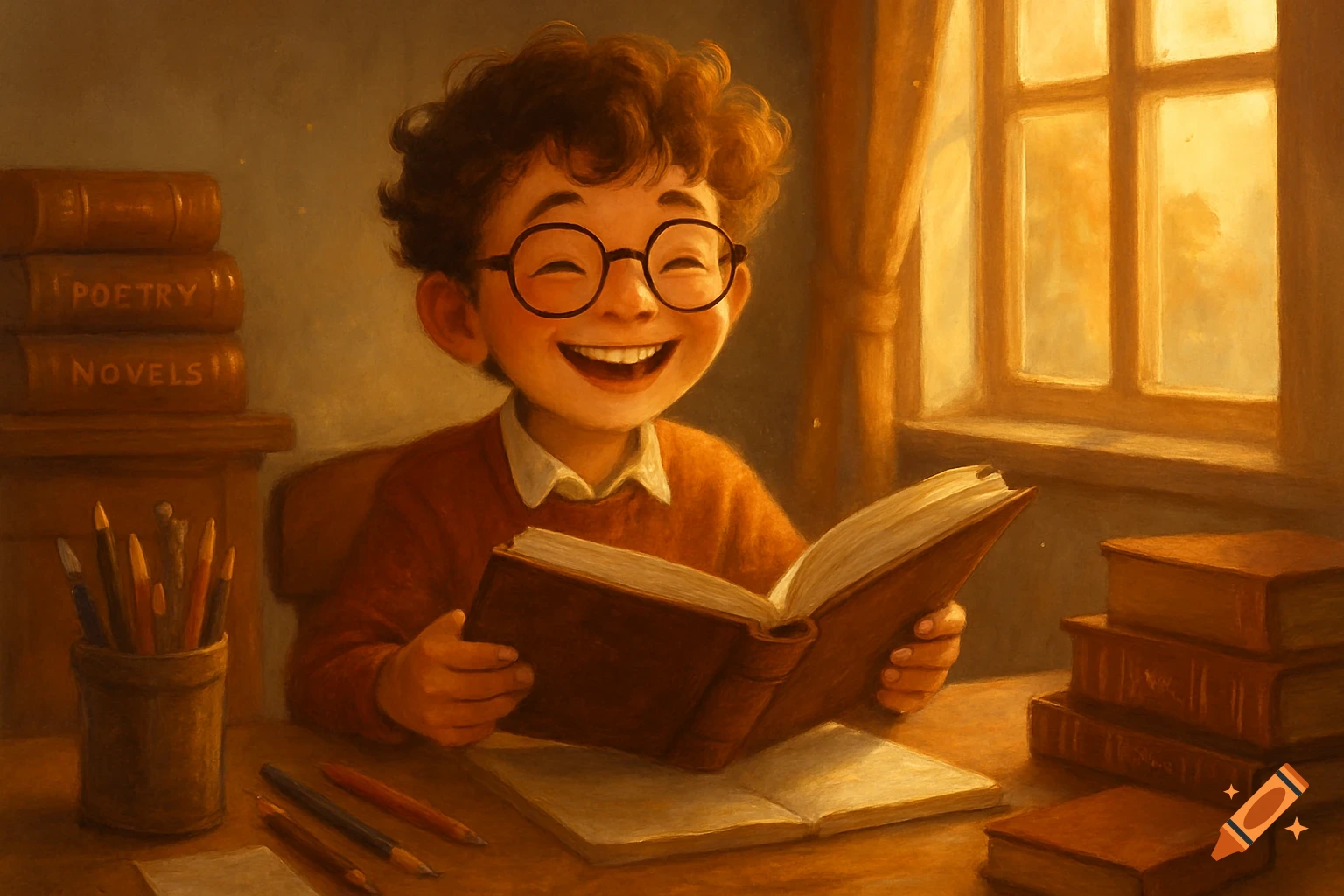 A happy child with glasses reads a book by a window, surrounded by other books and art supplies in a warm, painterly style.
