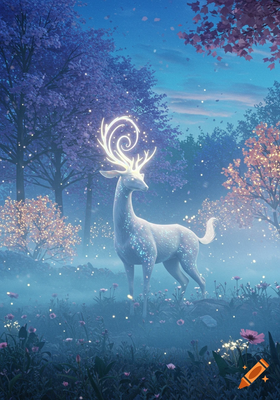A magical white deer with glowing spiral antlers stands in a misty forest with purple and orange trees and sparkling lights.