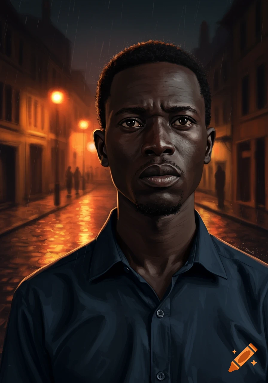 Close-up digital painting of a serious Black man in a dark blue shirt standing on a rainy city street at night, illuminated by streetlights.