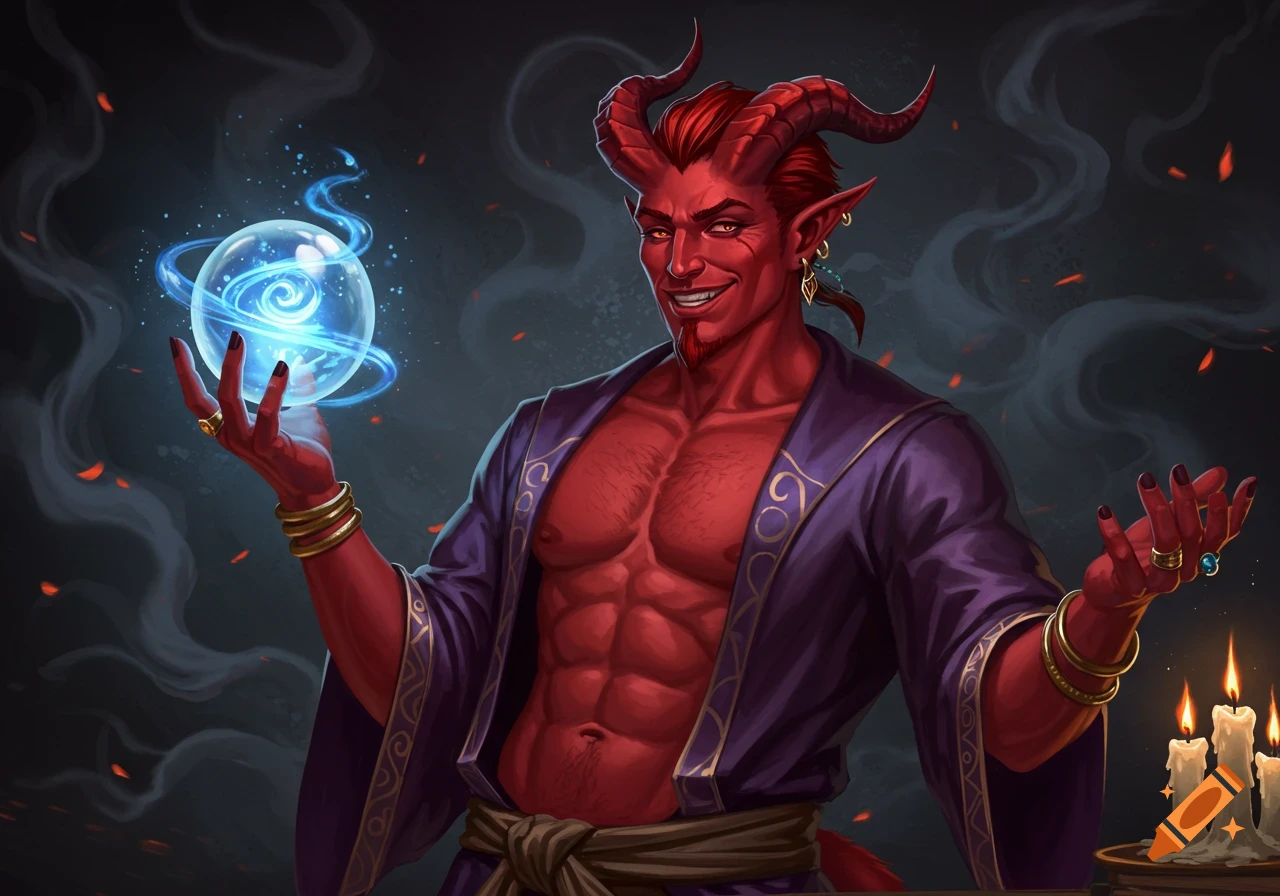 Muscular red-skinned male tiefling with horns, cheeky smile, purple robe, holding a glowing blue crystal ball. Semi-realistic oil painting.