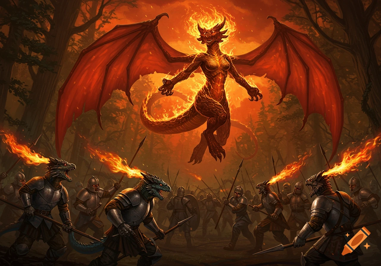 A powerful, fiery female dragon-like creature floats above an army of armored dragon-headed soldiers in a blazing forest.