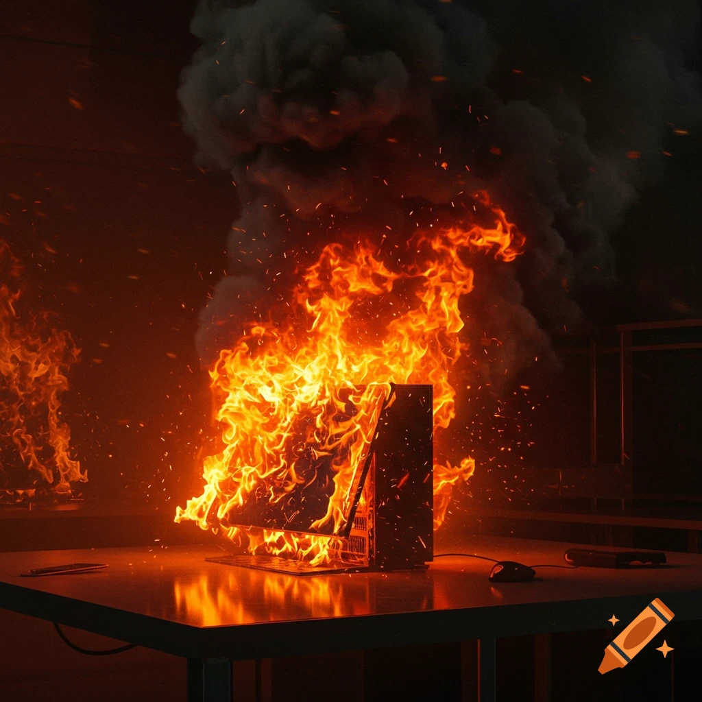 A desktop computer engulfed in bright orange flames and thick black smoke on a dark desk in a dark room.