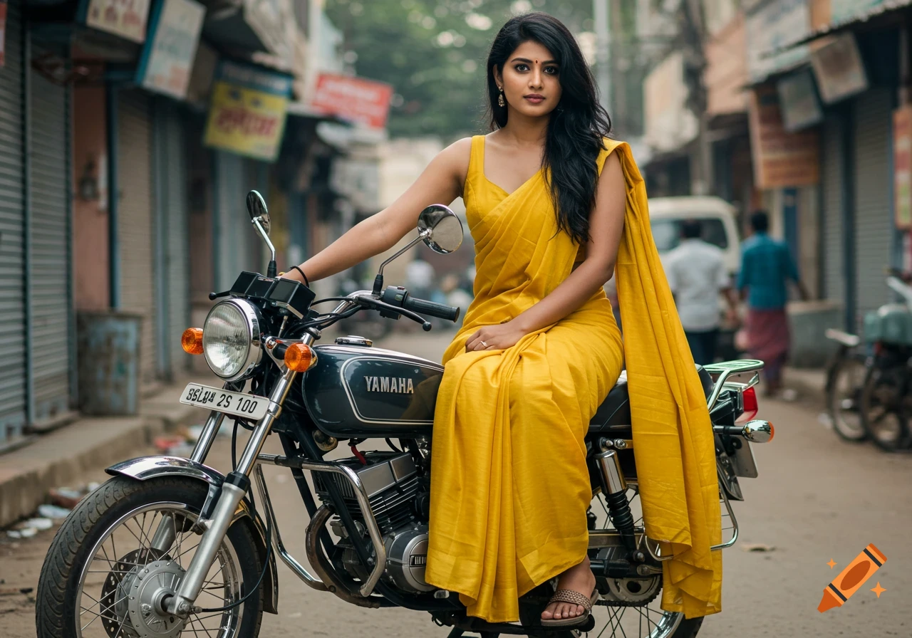 Photorealistic portrait of a young South Asian woman in a yellow saree sitting on a Yamaha motorcycle on an urban Indian street.