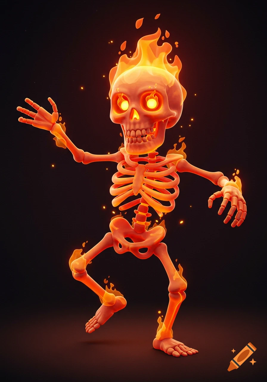 A vibrant 3D cartoon flaming skeleton with glowing eyes, dancing against a dark background.