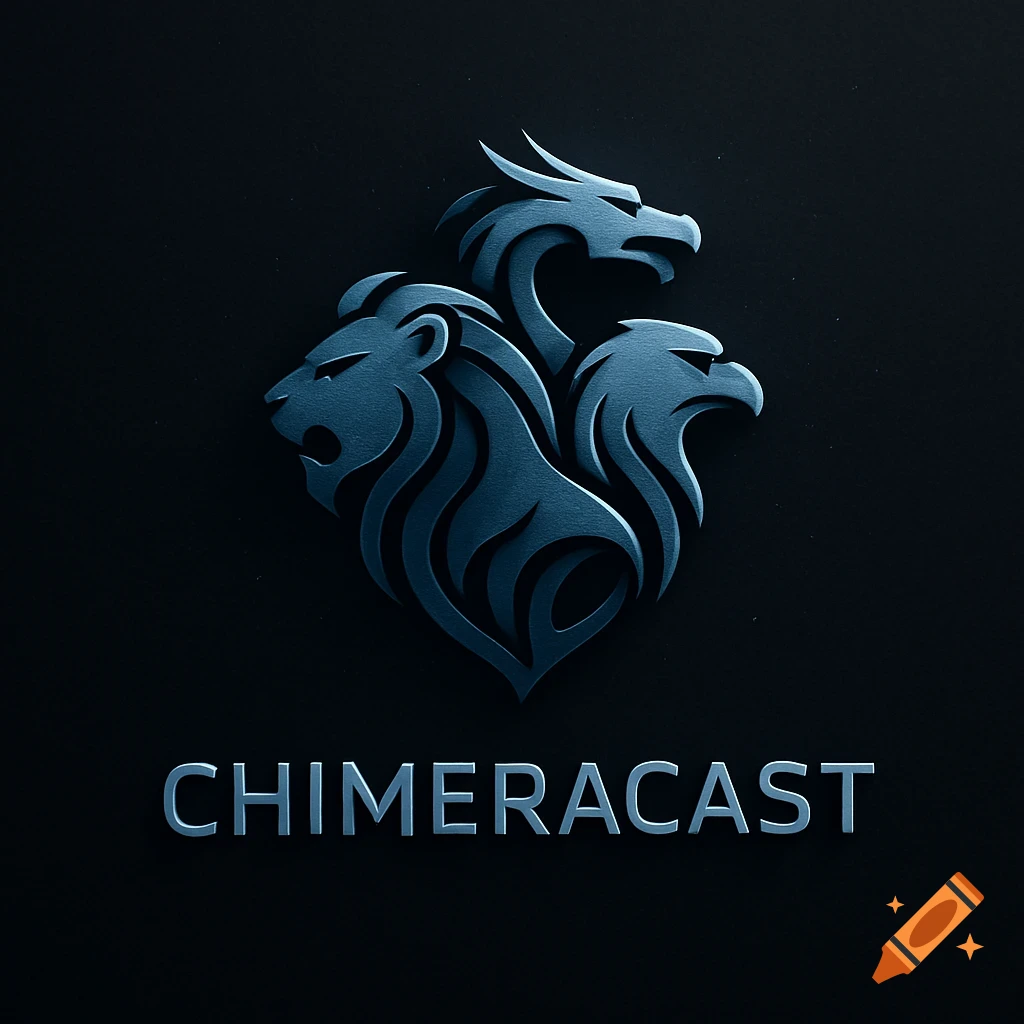 Dark blue metallic logo featuring combined heads of a lion, dragon, and eagle, with 'CHIMERACAST' text below on a dark background.