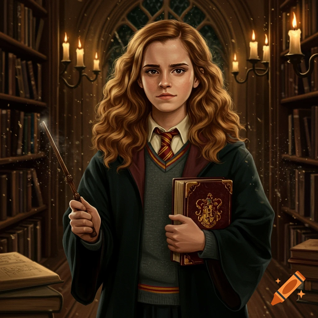 A portrait of Hermione Granger in a Hogwarts uniform holding a wand and a book in a dimly lit library.