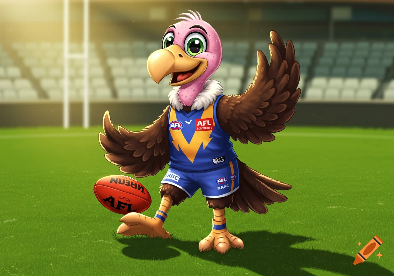 A friendly cartoon vulture in an AFL uniform stands on a sunny football field with one wing resting on an AFL football.