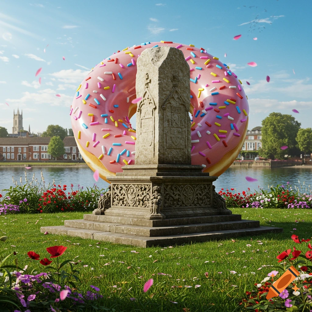 A giant pink donut with colorful sprinkles surrounds a tall, ornate stone monument in a vibrant green park by a river, with historic buildings and a blue sky in the background.