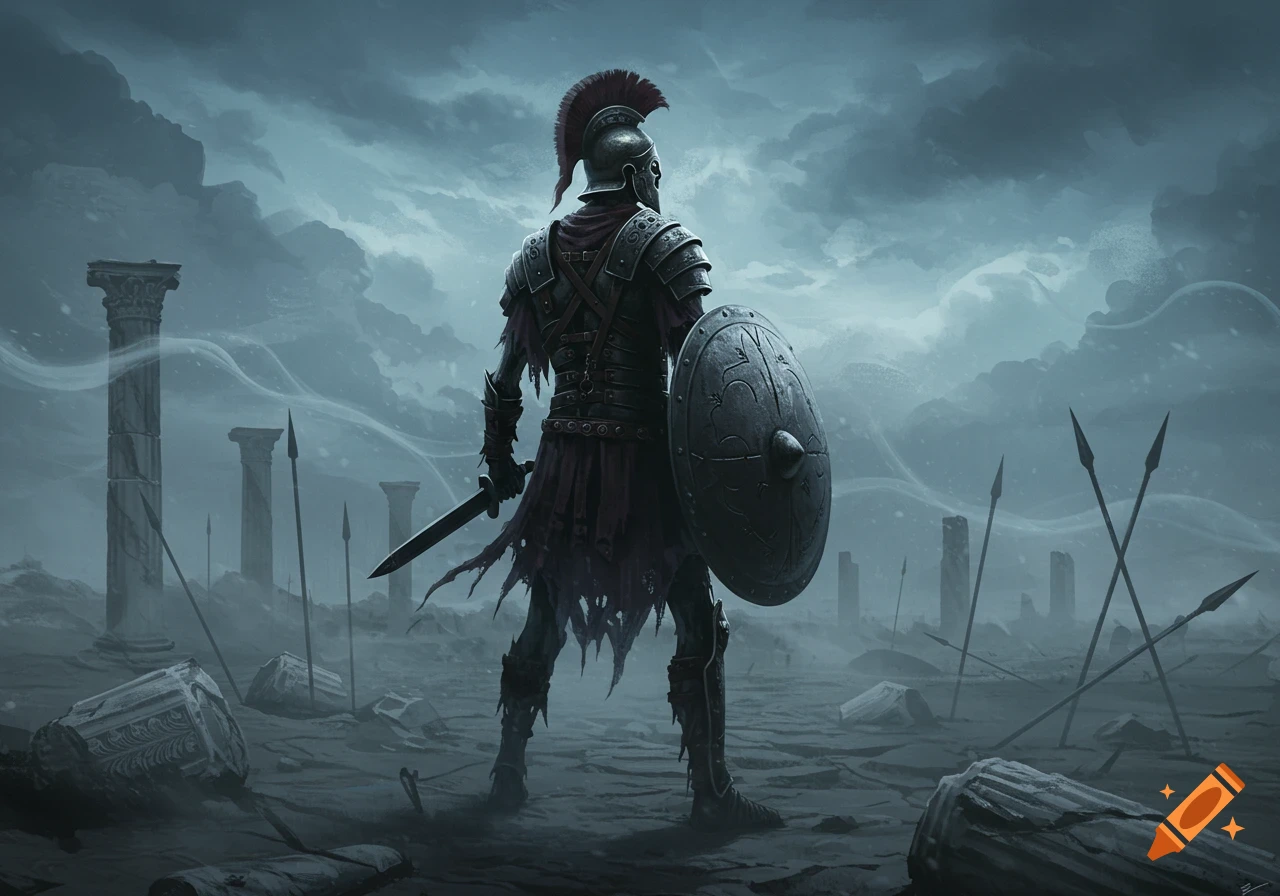 Dark fantasy art of a Spartan-like ghoul warrior from behind, in a ruined, stormy landscape.