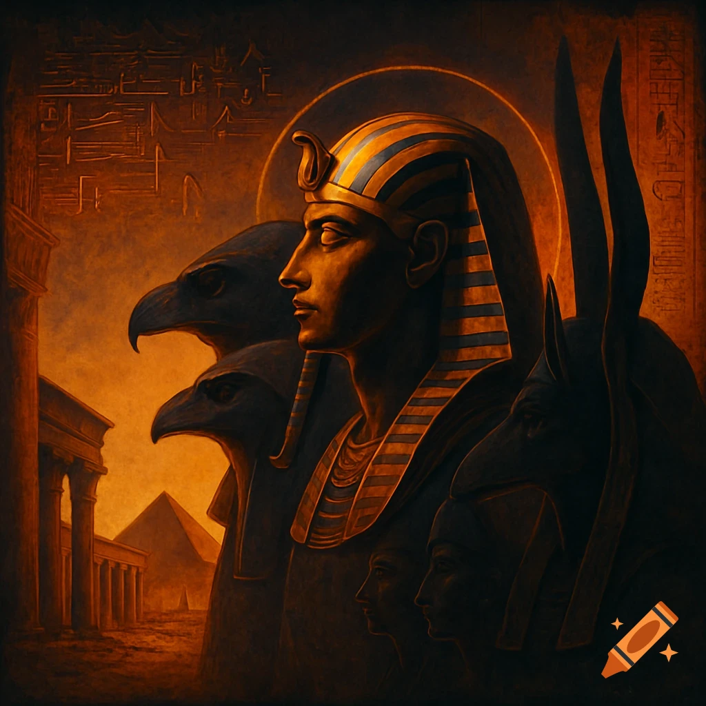 A pharaoh in golden headdress with god figures, ancient temples, and pyramids under an orange sky, in a mystical art style.