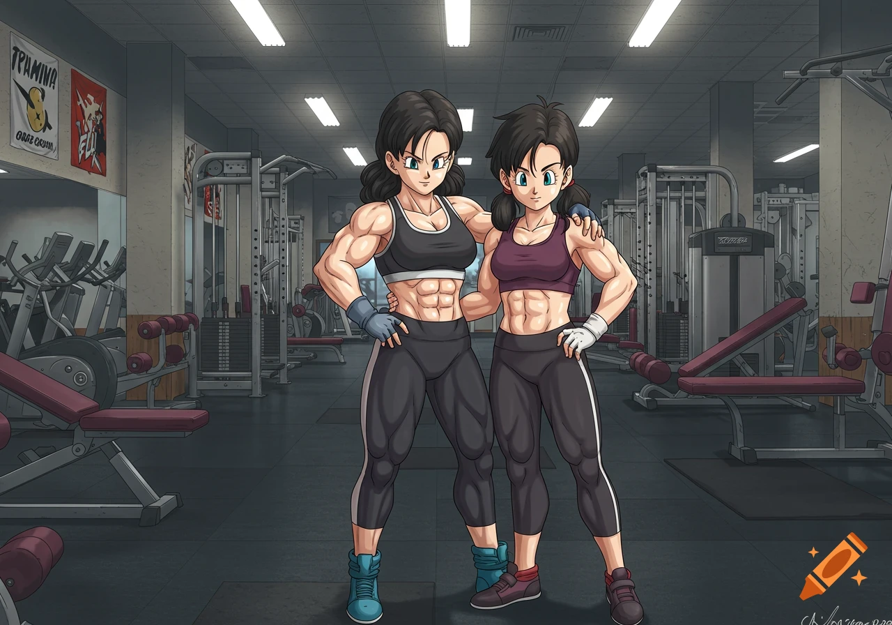 Two muscular anime women, resembling Videl from Dragon Ball Z, pose confidently in a gym filled with equipment.