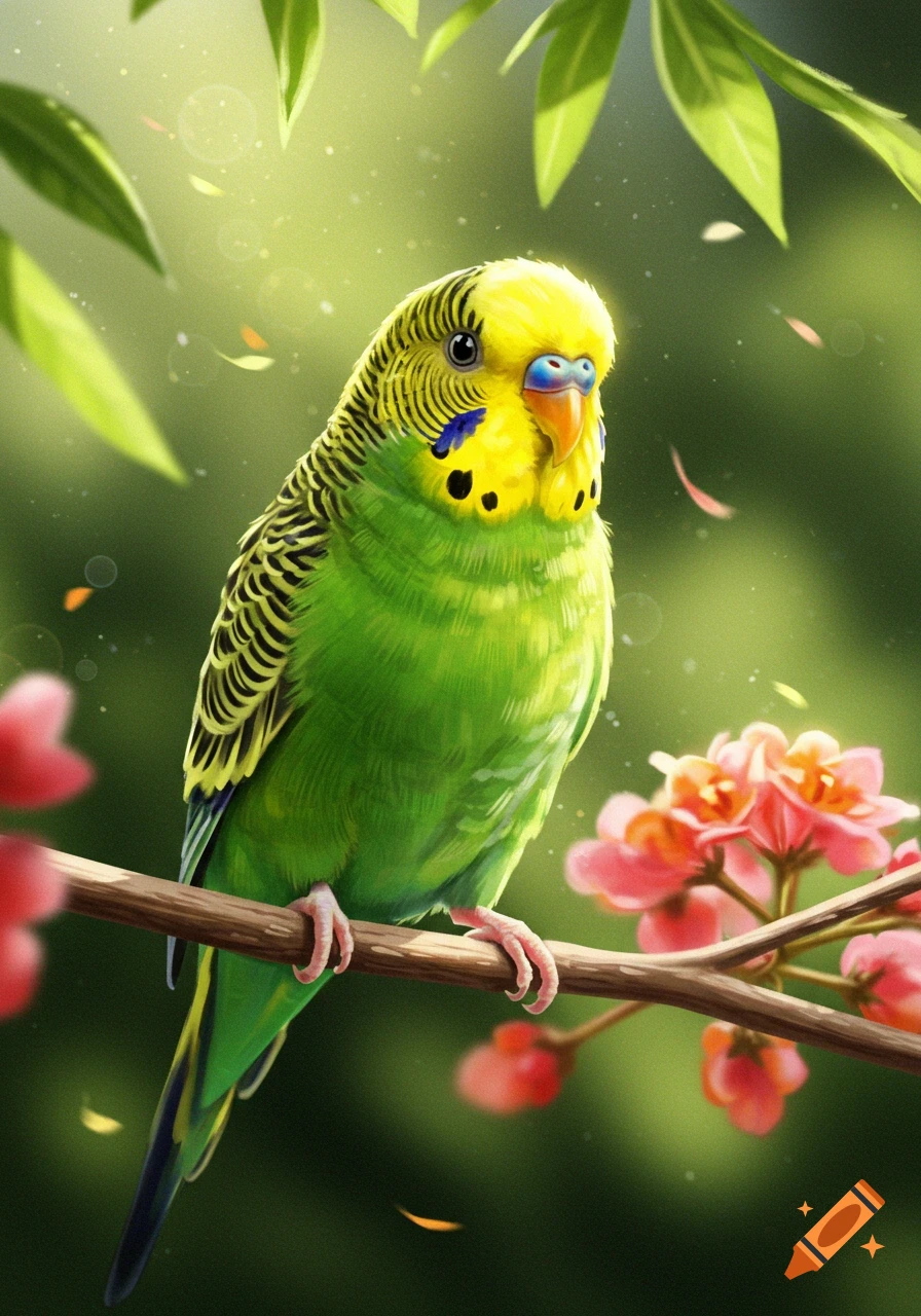 A vibrant green and yellow budgie perches on a branch with pink flowers and green leaves, in a detailed digital illustration.