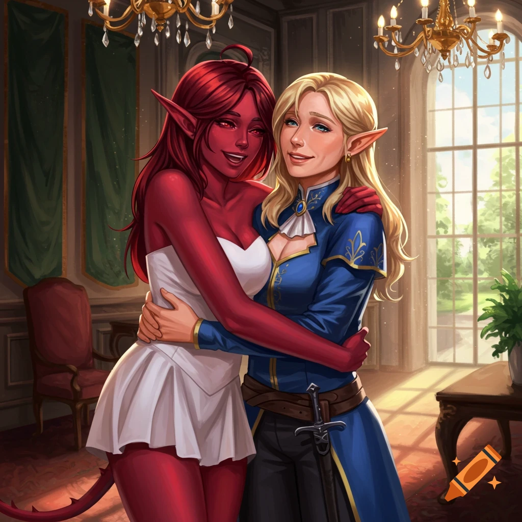 A red-skinned woman in a white dress and a blonde elf in a blue noble outfit hug in an elegant room, fantasy art.