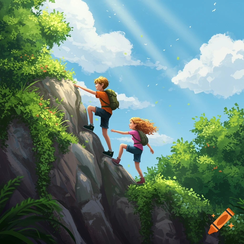 An animated illustration of a boy and girl with backpacks climbing a steep, bushy cliff under a sunny blue sky.