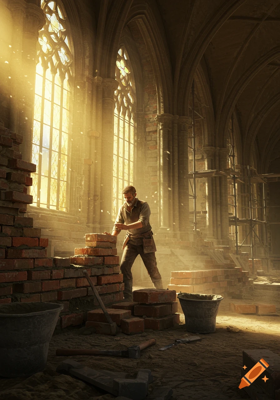 A photorealistic image of a mason laying bricks inside a sunlit, large Gothic cathedral under construction.