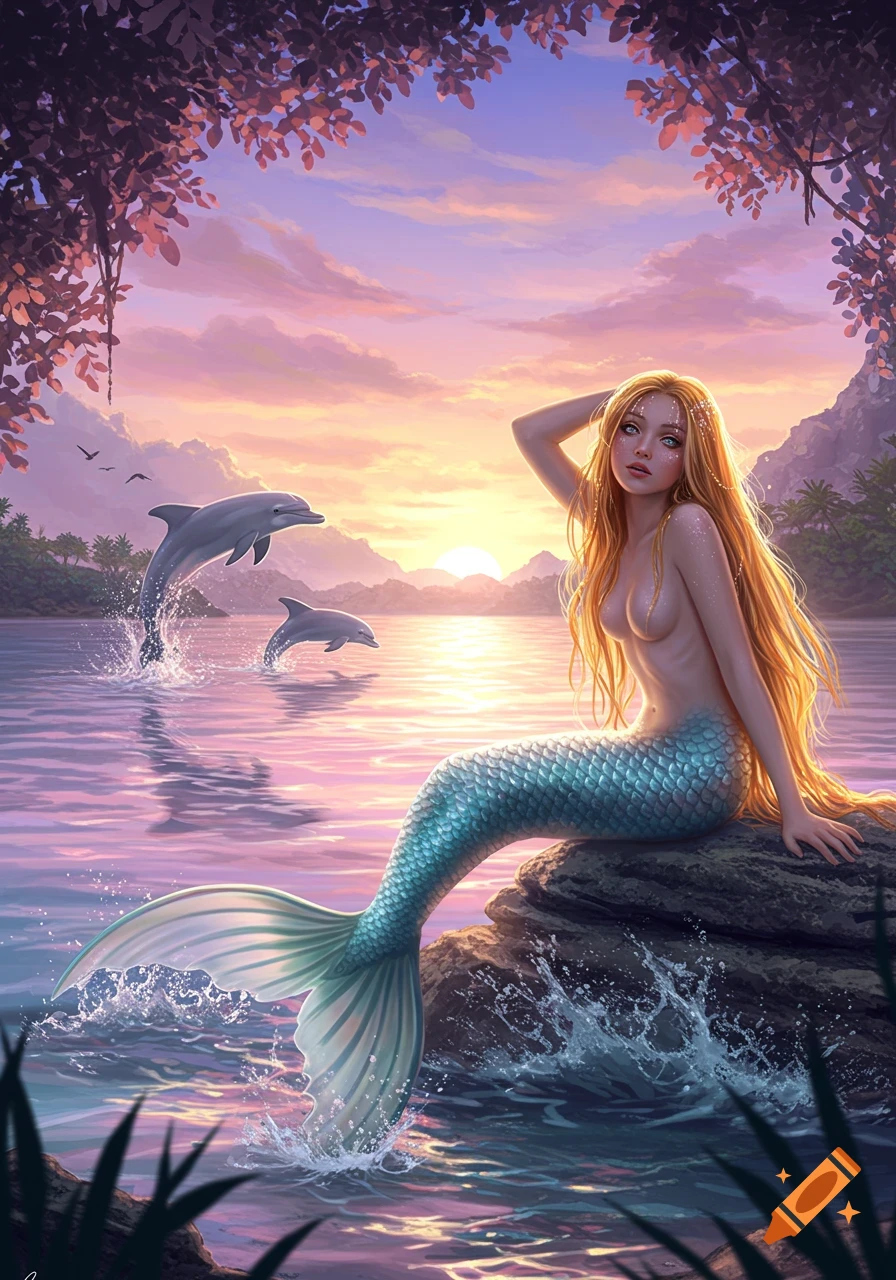 Beautiful digital painting of a mermaid with long blonde hair sitting on a rock at sunset, with two dolphins jumping from the water.