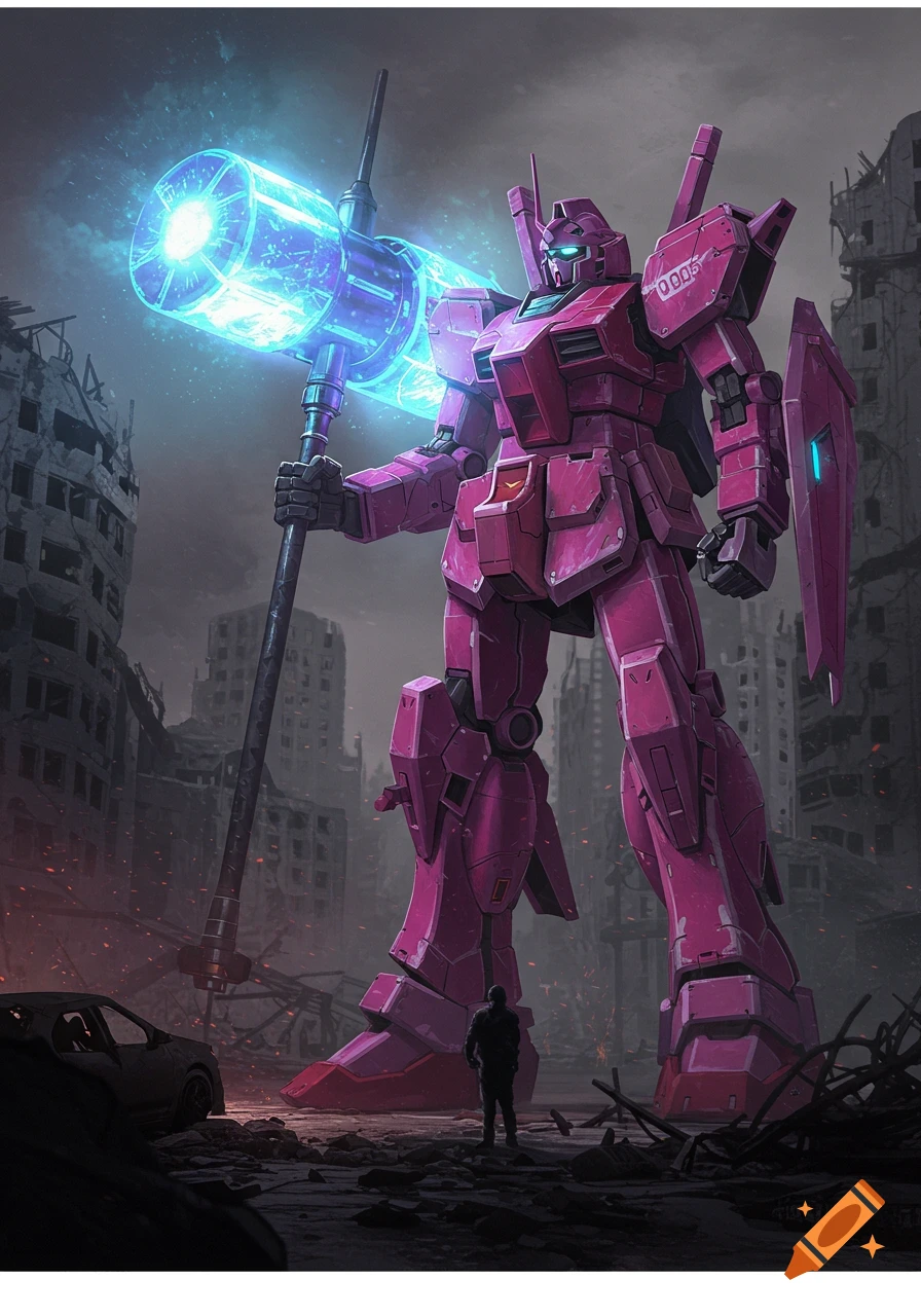 A large, pink mecha holding a glowing blue hammer stands in a ruined city with a small figure below.