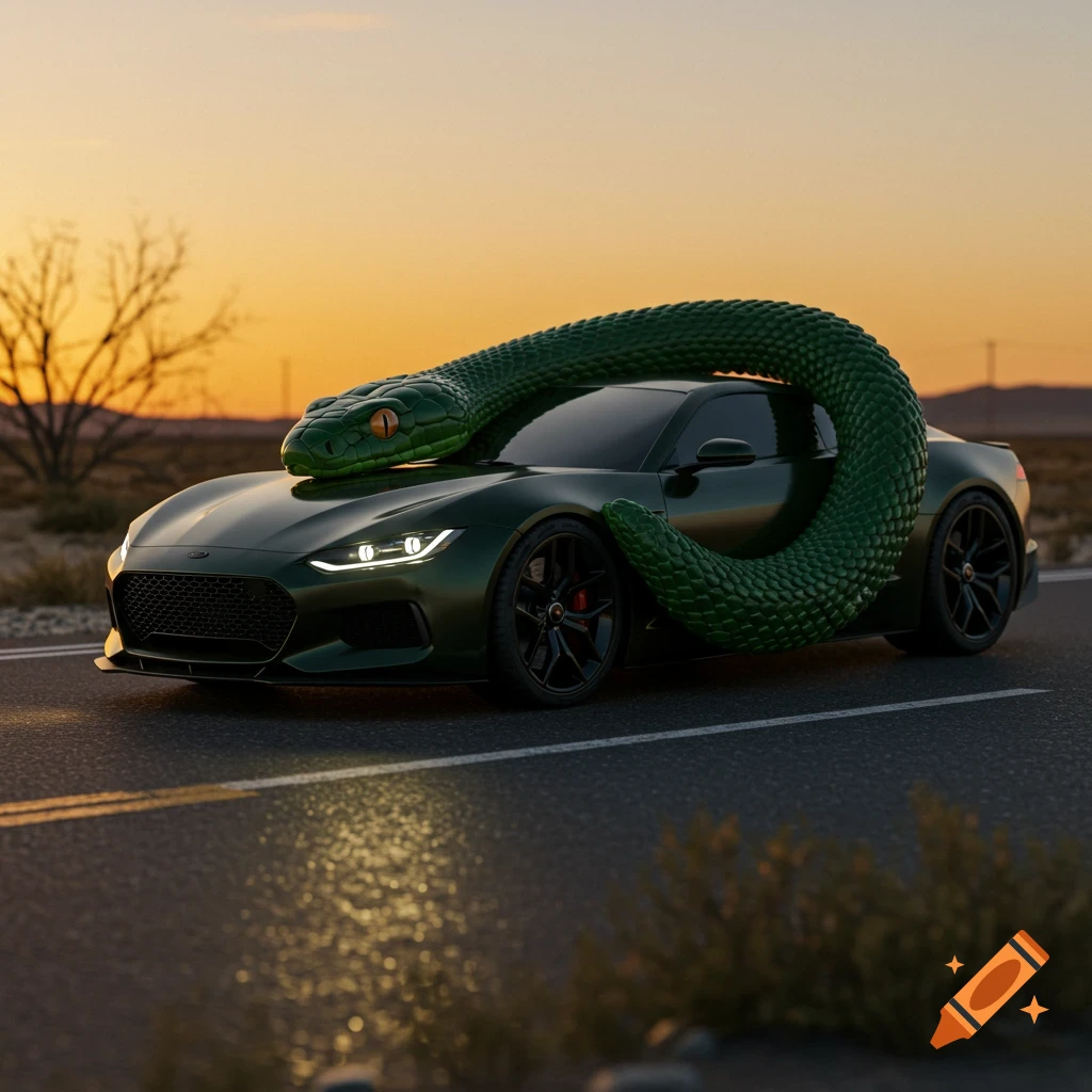 A large green snake wrapped around a dark green sports car on a desert road at sunset, photorealistic.
