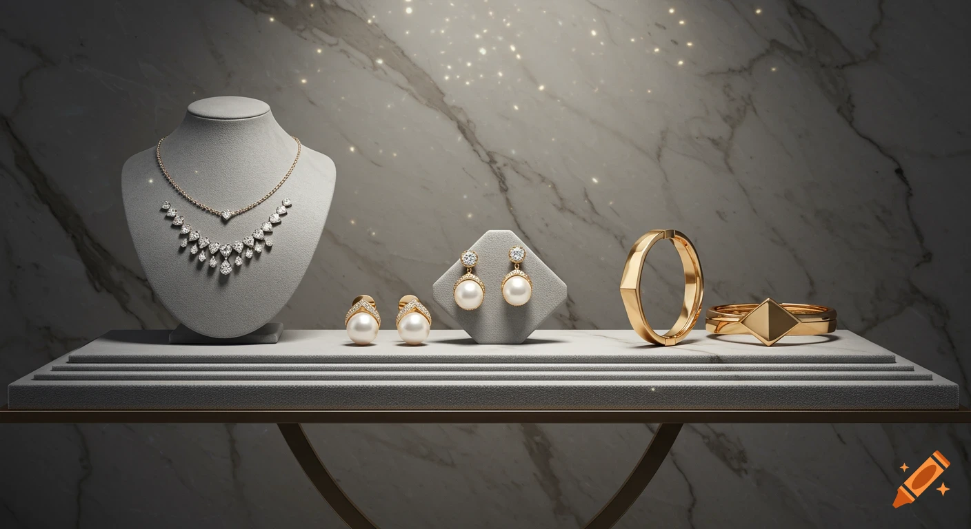 Elegant diamond necklace, pearl earrings, and gold geometric bracelets displayed on a gray stand against a marble background with sparkling lights.