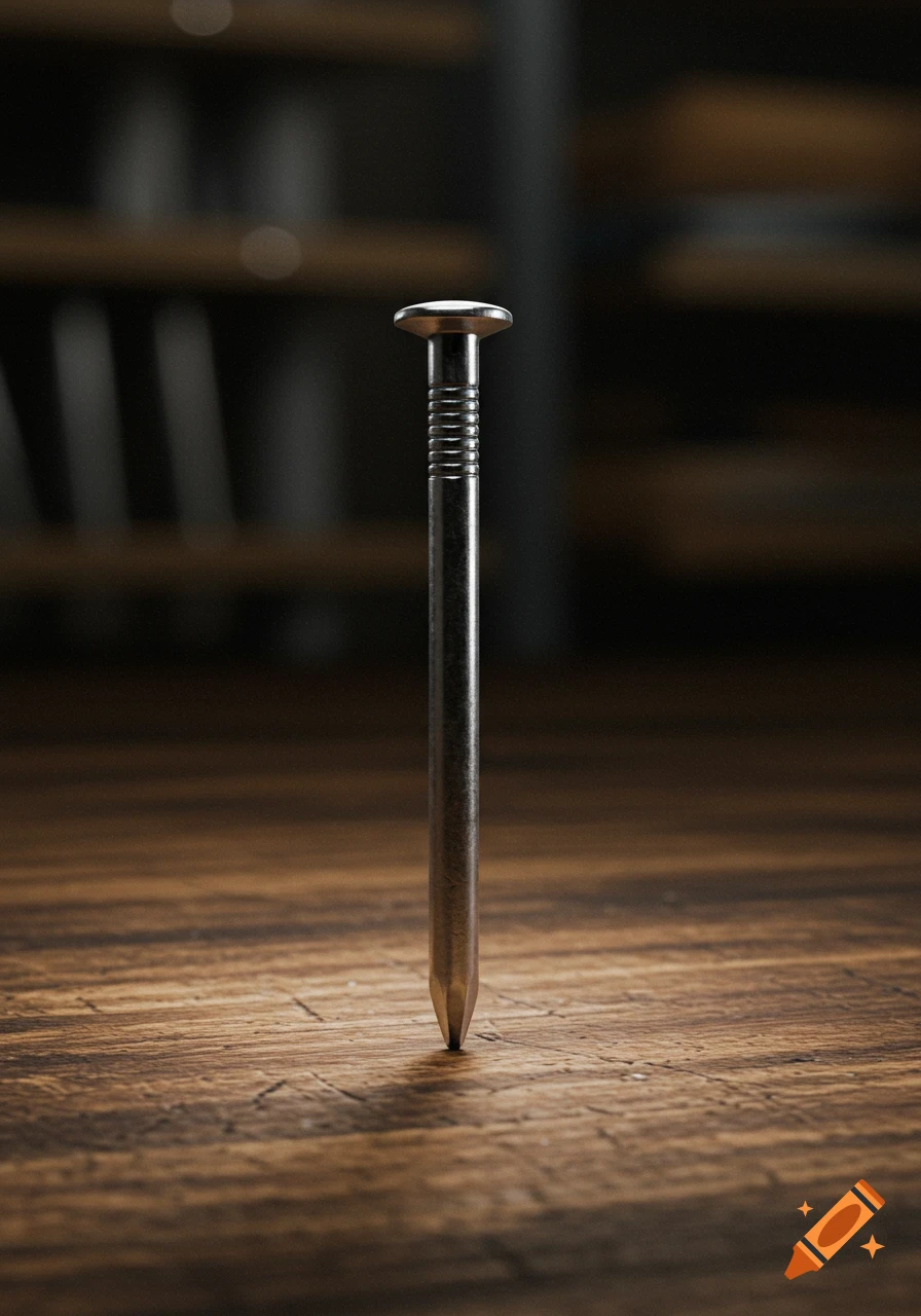 A single metallic nail stands upright on a textured wooden surface, in a photorealistic style, with a dark, blurry background.