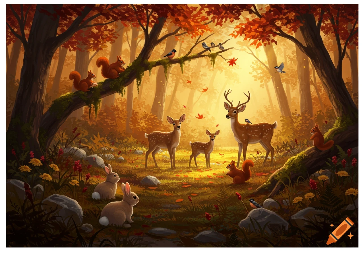 Stylized autumn forest with golden light, populated by cute deer, rabbits, squirrels, and birds.