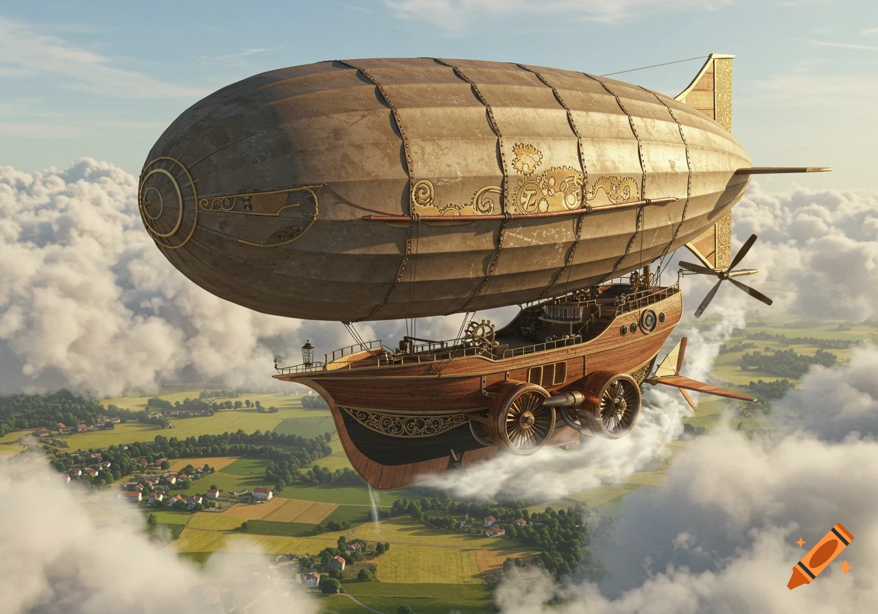 A detailed steampunk airship with propellers drifts through clouds above a green landscape with houses.