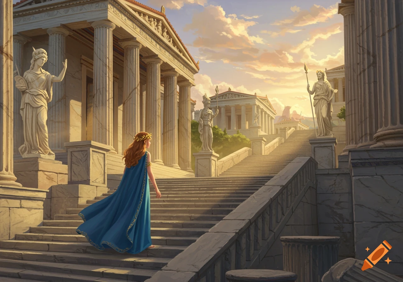 A girl in a blue dress and golden wreath walks up grand stone steps towards an ancient temple complex at sunset.
