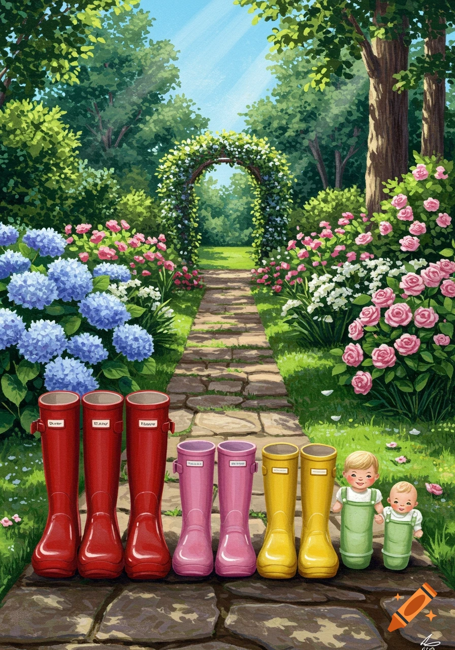 An illustrated garden path with an archway of flowers. In the foreground, red, pink, and yellow wellington boots are lined up with two small green-clad baby figures.