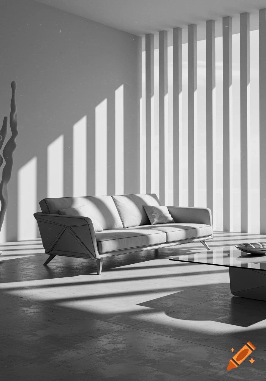 A black and white image of a modern living room with a couch, glass coffee table, and strong shadow patterns from vertical blinds.