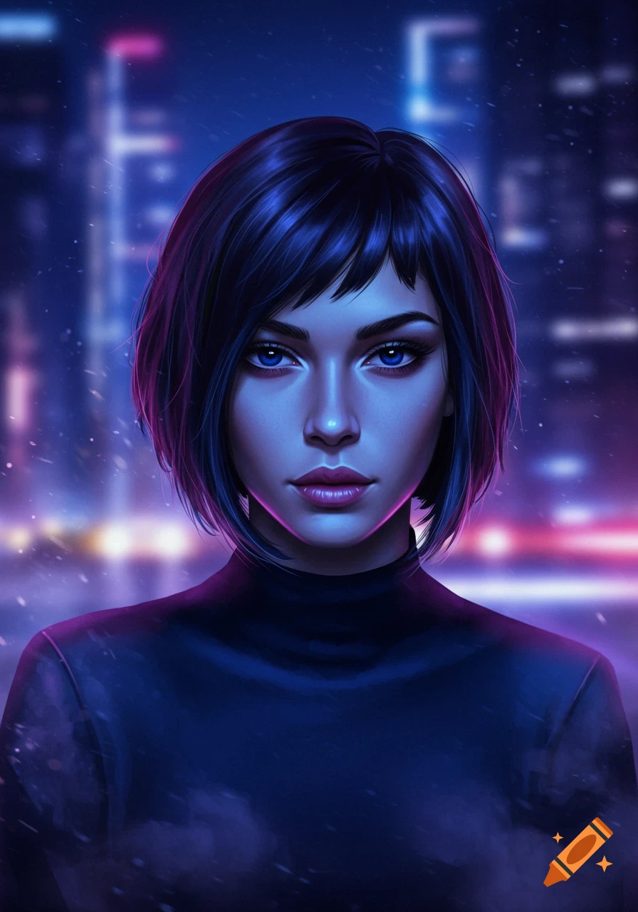 A digital art portrait of a woman with short dark hair and blue eyes, set against a blurred neon city background at night.