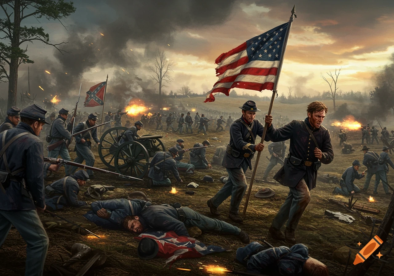 Dramatic Civil War battle scene with Union soldiers charging, one with American flag, amidst smoke, firing, and fallen soldiers.