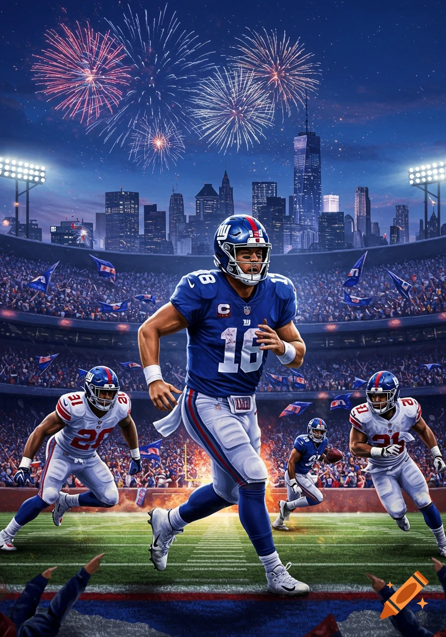 A New York Giants football player with number 16 runs on the field during a night game. Fireworks explode over a city skyline in the background.