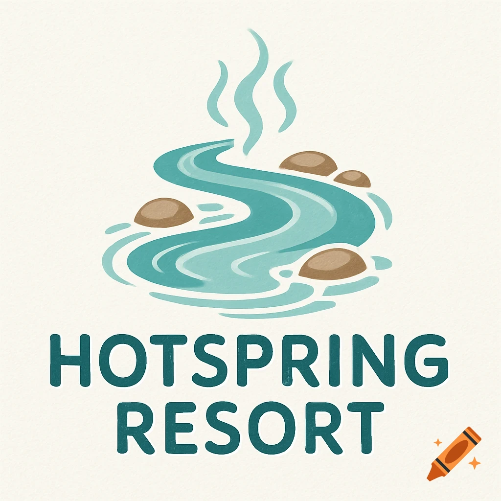 Stylized logo for Hotspring Resort with a winding blue river, rocks, and steam.
