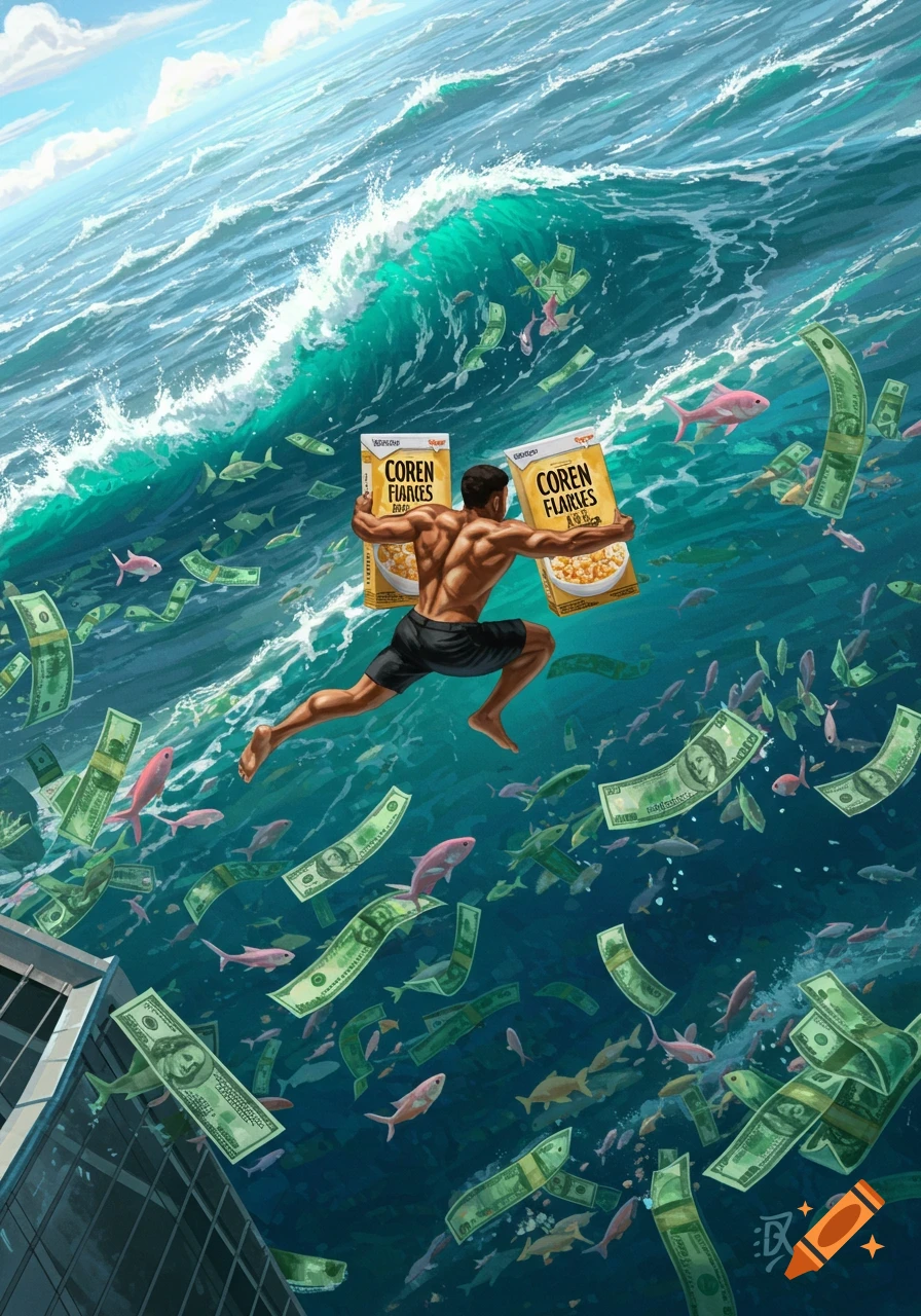 A muscular man jumps from a building into a wavy ocean filled with money and fish, holding two cereal boxes. Illustrated style.