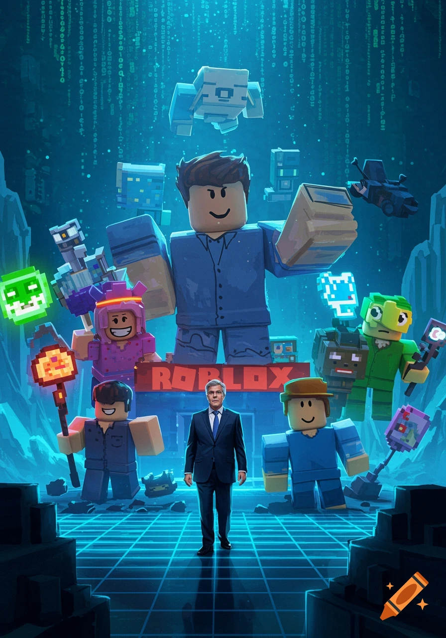 Chris Hansen stands in a digital Roblox world surrounded by blocky avatars and glowing code on a grid background.