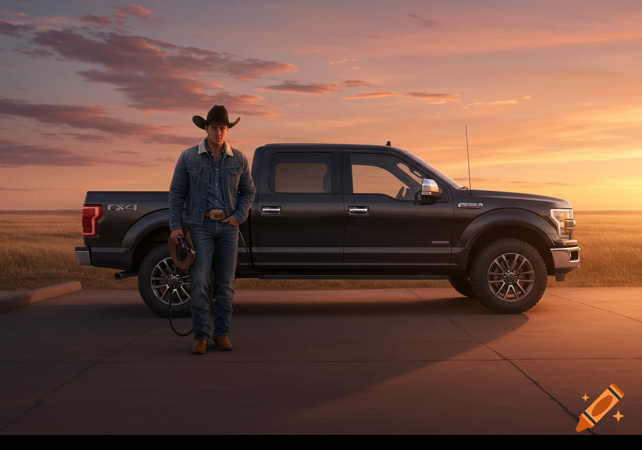 A cowboy in a denim jacket and hat stands next to a black Ford pickup truck at sunset in a rural landscape.