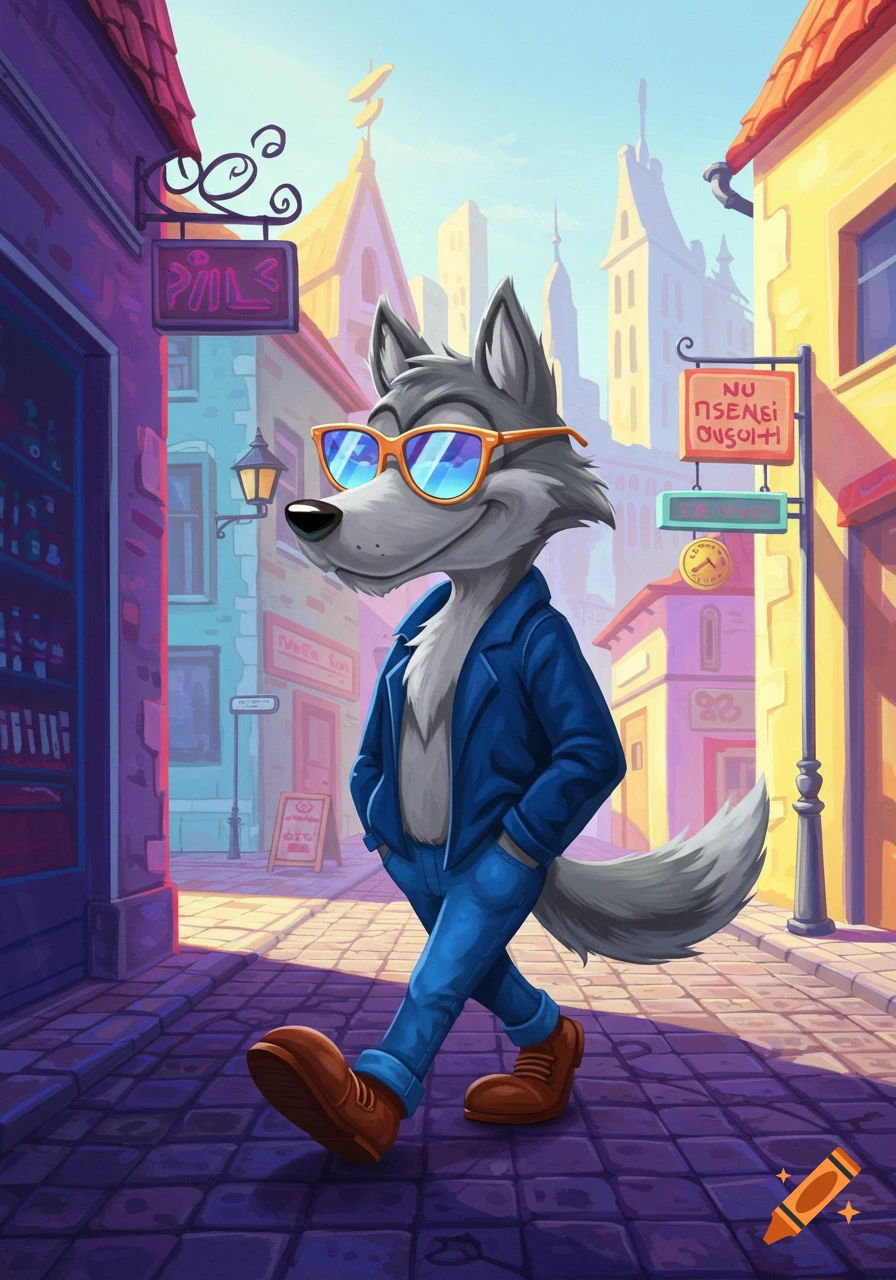 A cool cartoon wolf in a blue jacket and orange sunglasses walks down a colorful city street with shops.