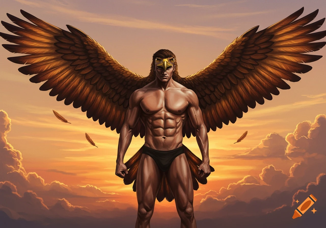 Muscular man with large eagle wings and a golden eagle mask stands against a vibrant sunset sky.