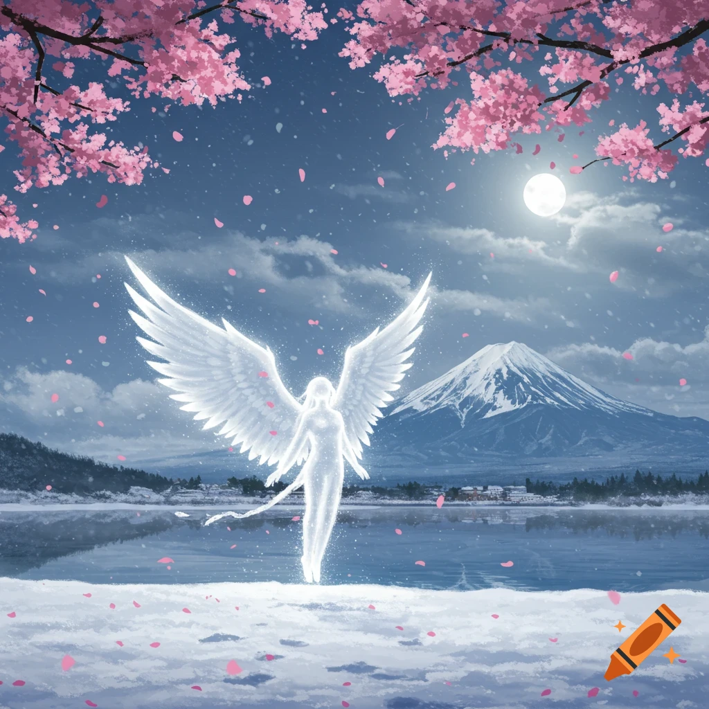 An ethereal angel with glowing wings stands on a snowy lake shore under a cherry blossom tree, with Mount Fuji and a full moon in the background. Anime art style.