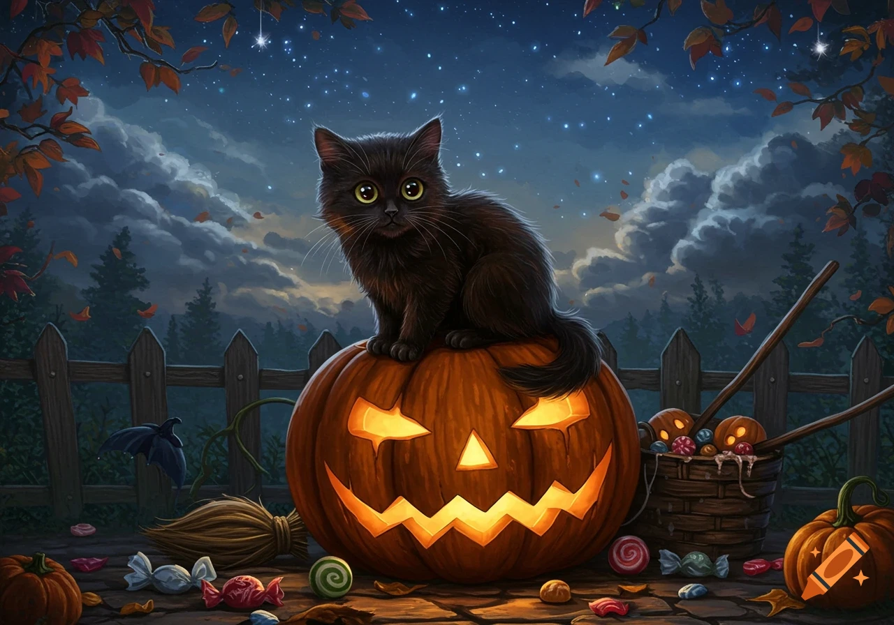 A cute black cat with wide yellow eyes sits on a glowing jack-o'-lantern under a starry night sky, surrounded by scattered candy, autumn leaves, and a wooden fence.