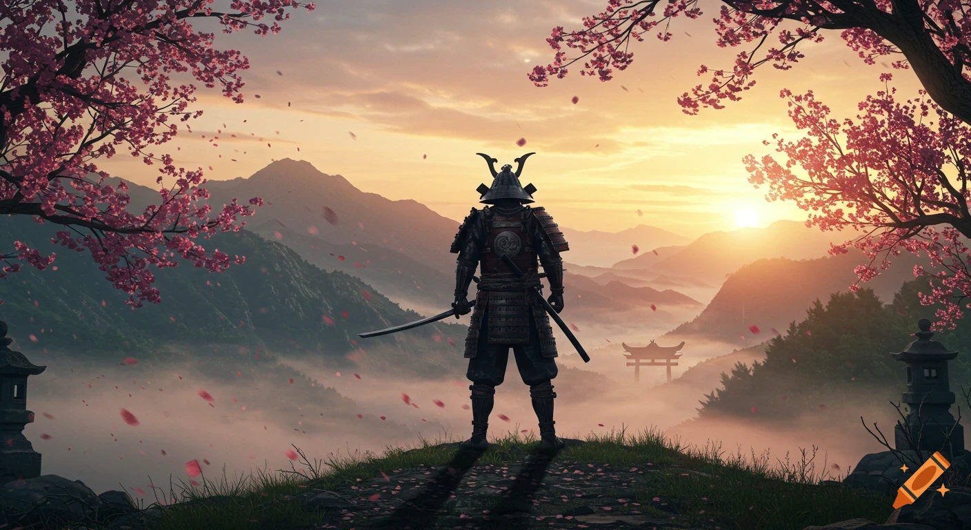 A samurai stands on a hill overlooking a misty, cherry blossom-filled Japanese mountain landscape at sunset, with a torii gate in the distance.